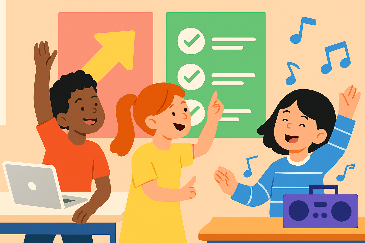 Students engaging joyfully in a gamified classroom procedure activity.