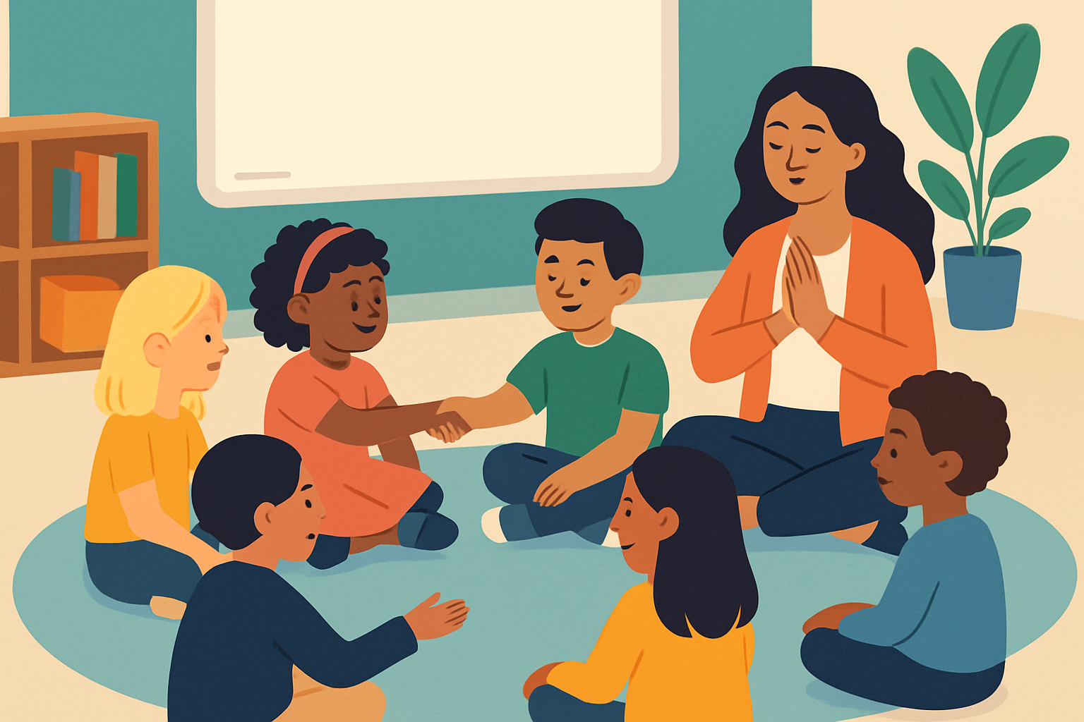 Students sitting in a circle engaging in morning meeting activities with their teacher facilitating greetings and mindfulness.