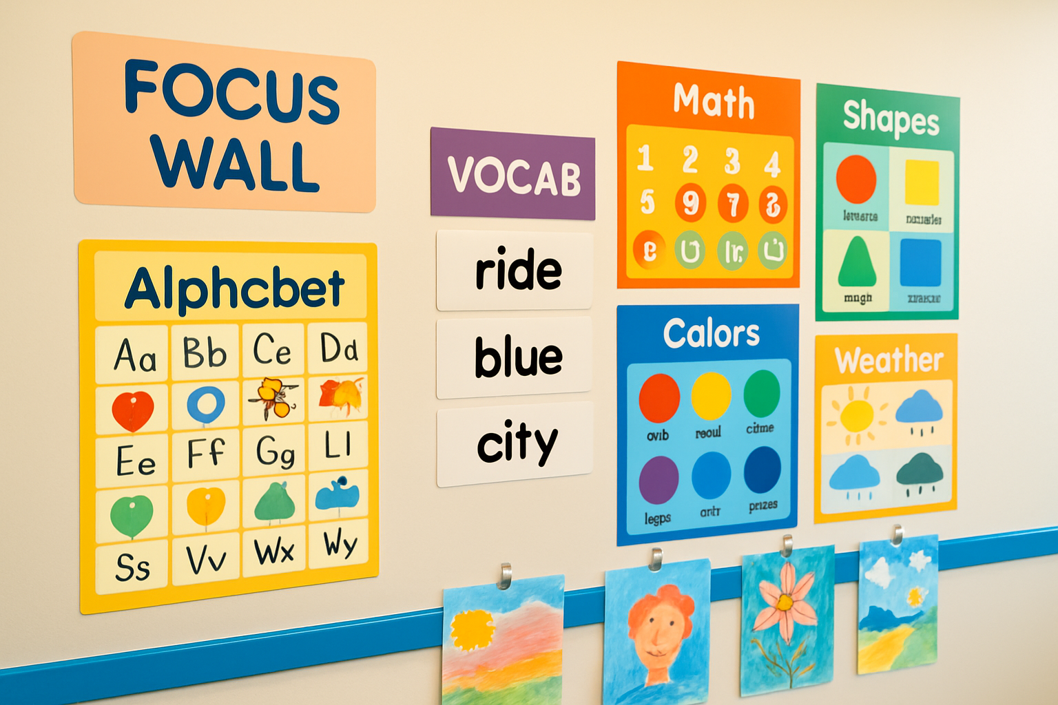 An example of a well-designed focus wall demonstrating balanced layout, vibrant colors, and diverse content.