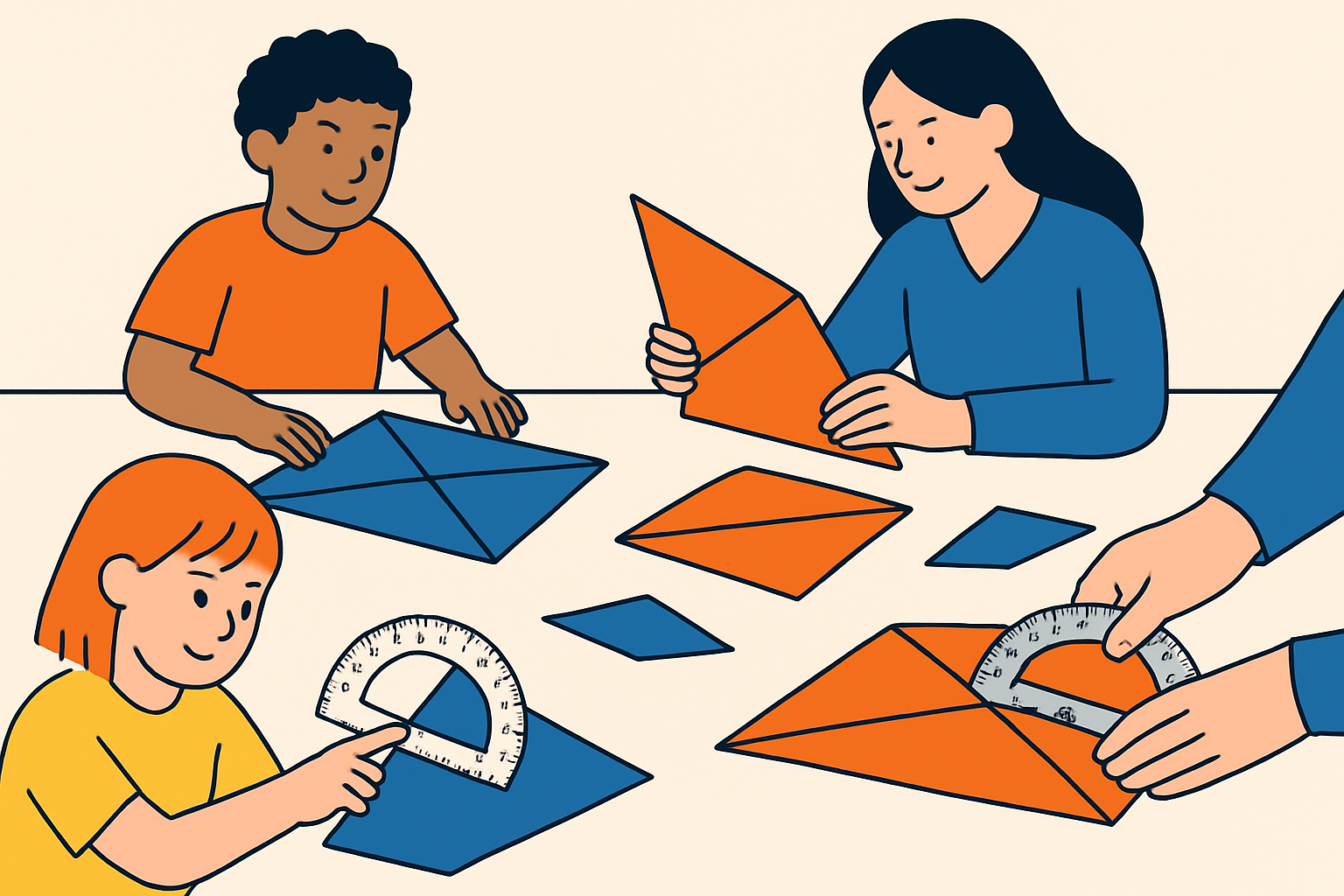 Learners participating in interactive geometry activities using kite templates, exploring folding, measuring angles, and creating designs.