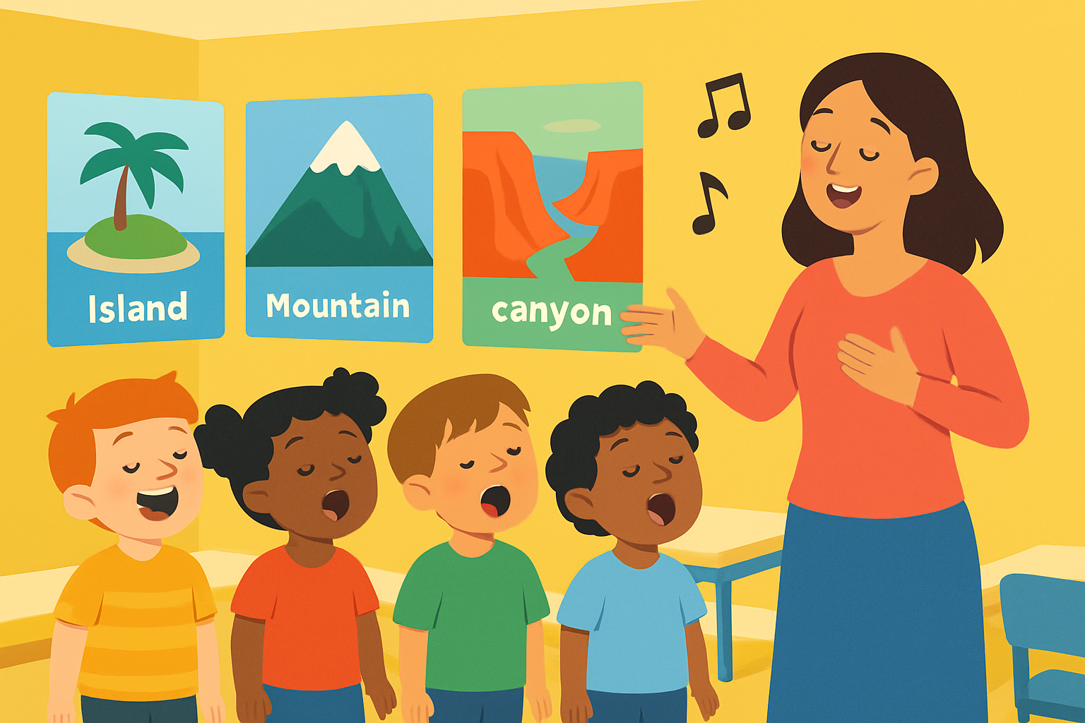 Students singing a landform song accompanied by vibrant educational posters illustrating different landforms.
