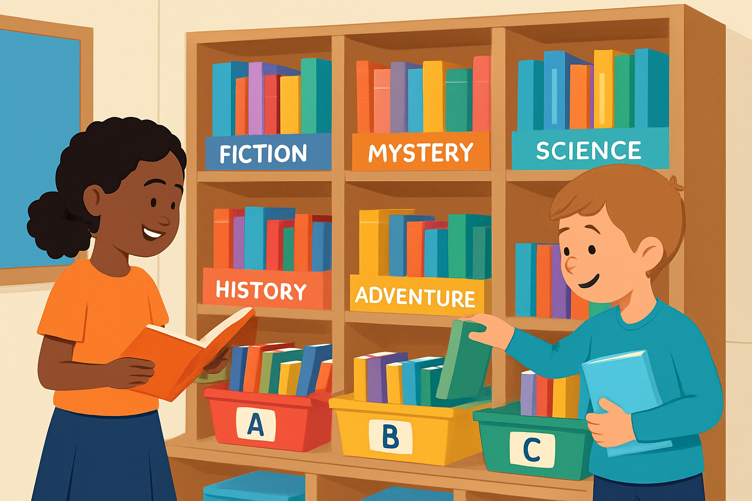 Example of a well-organized classroom library with clear, bright labels.