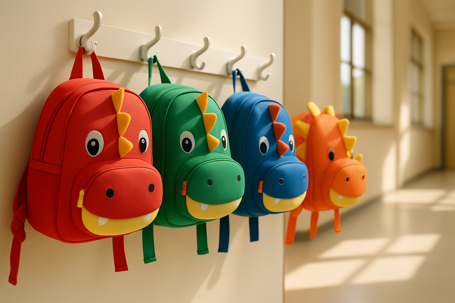 A variety of colorful dinosaur book bags showcasing 3D features and printed dinosaur patterns, displayed in a school setting.