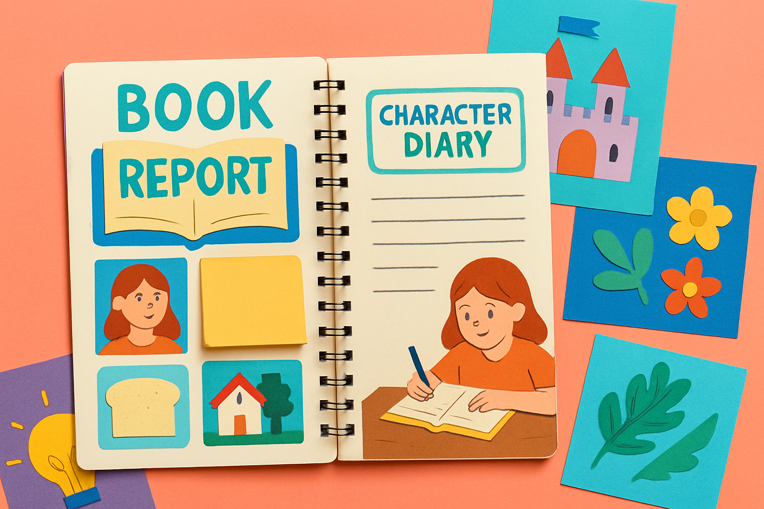 Example of an imaginative scrapbook book report featuring interactive and multimedia elements enhancing the storytelling.