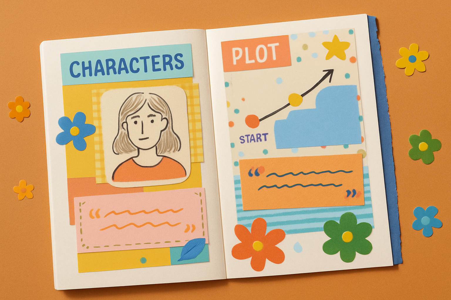 Sample scrapbook pages displaying creative layouts with character profiles, plot timelines, and thematic decorations.