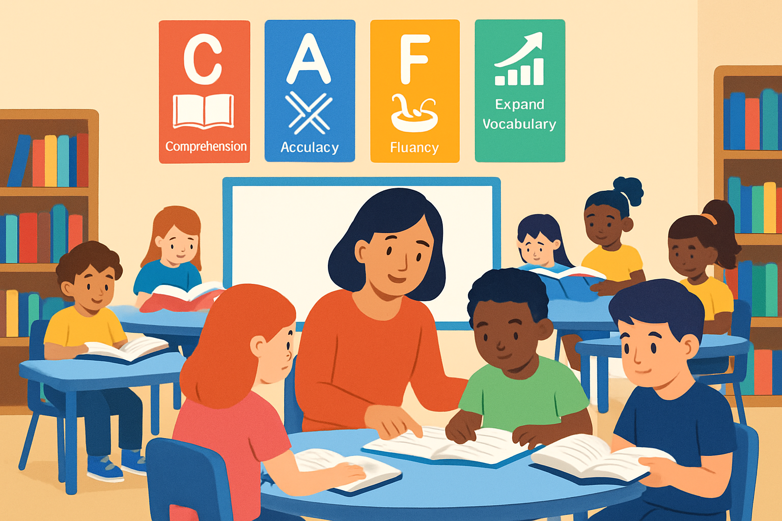 Elementary classroom actively engaging students with the CAFE reading strategies framework
