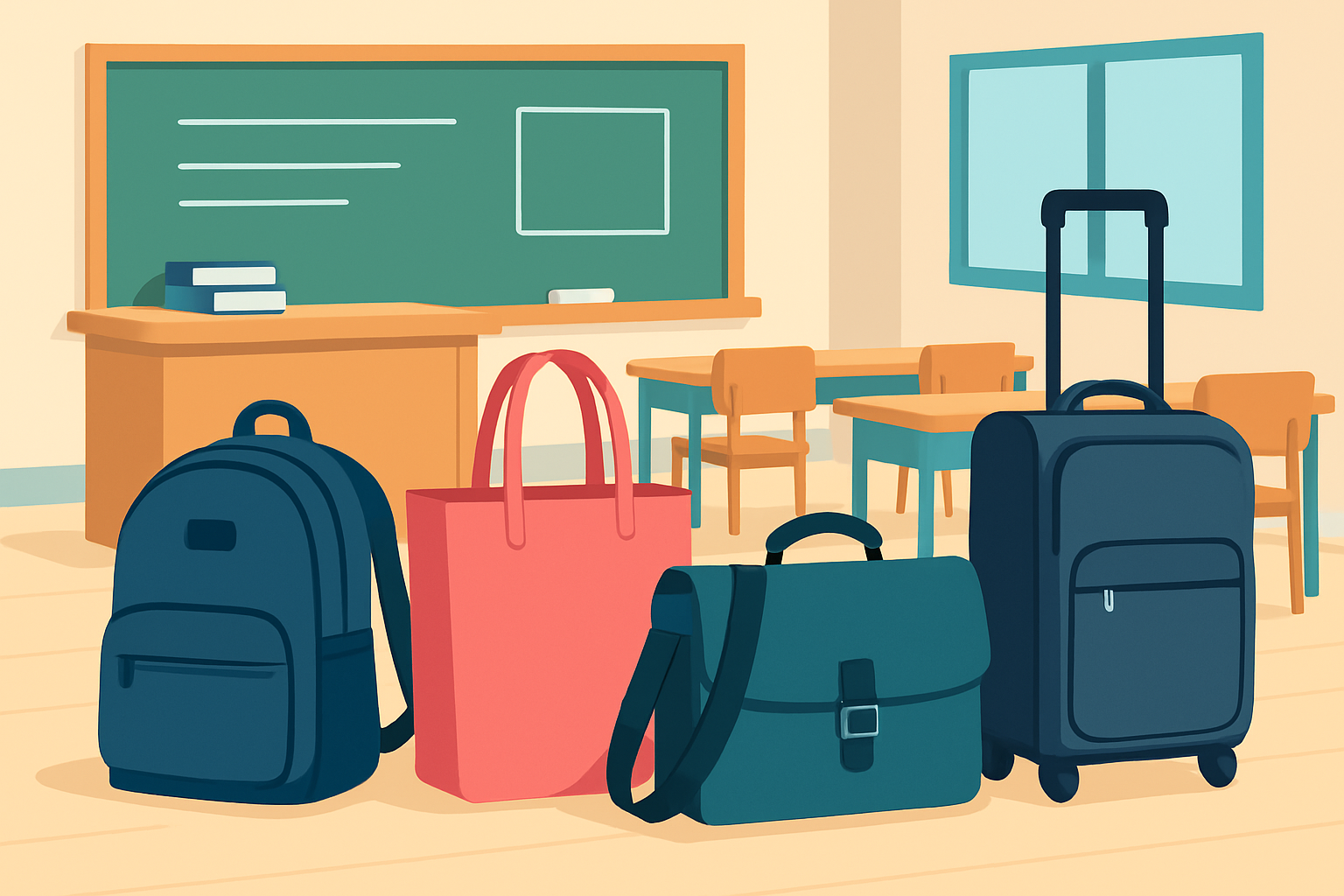A selection of different teacher book bags displayed in a colorful classroom environment demonstrating various styles.