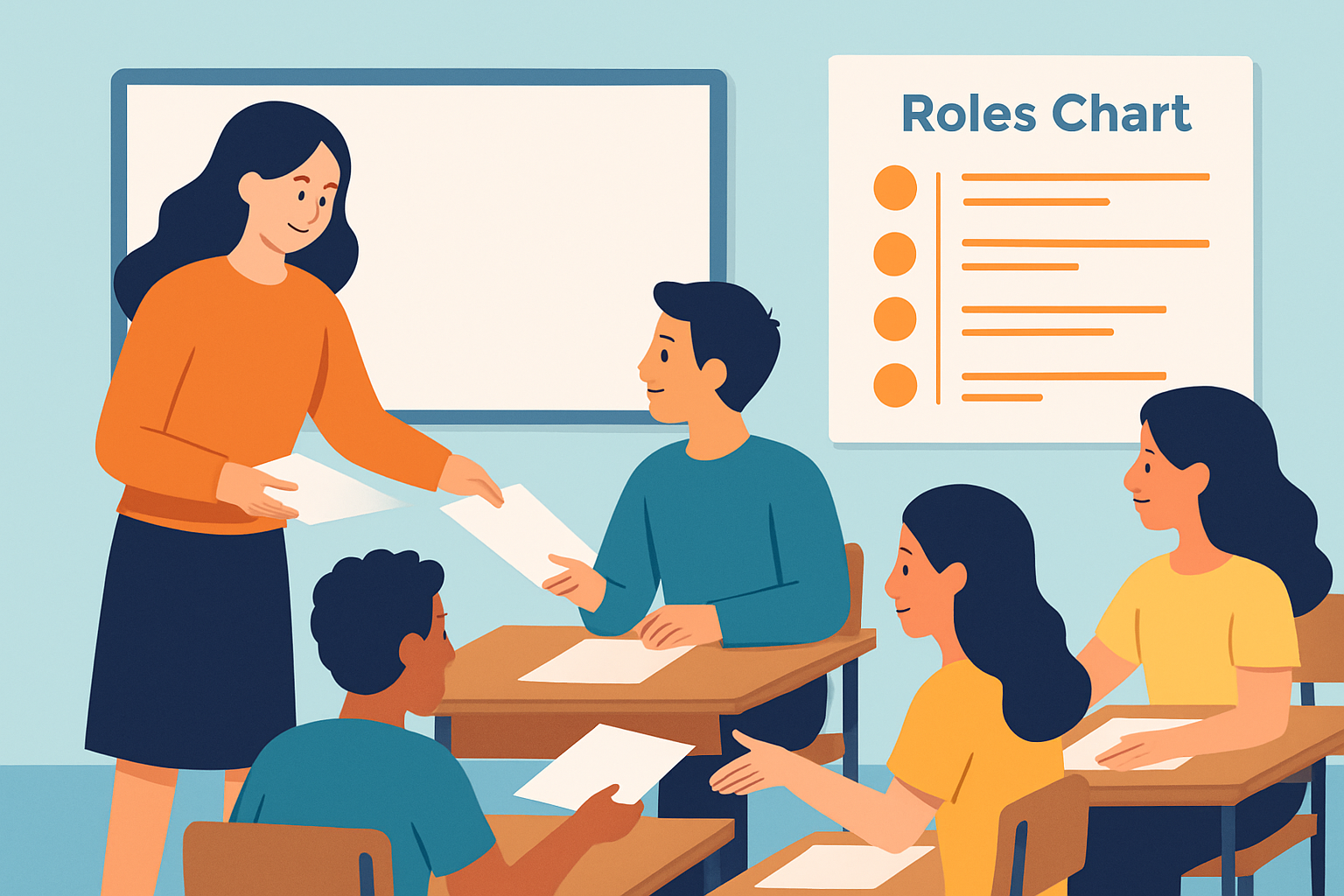 Students fulfilling the paper passer role using a visible classroom chart for organization and rotating schedules
