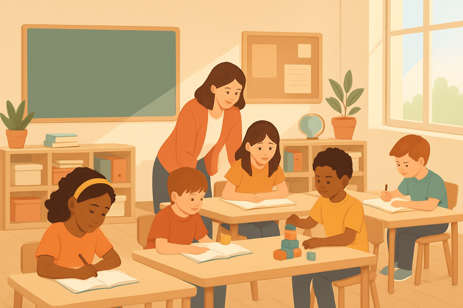 A classroom set up with varied learning stations where students rotate through different activities designed for their levels.