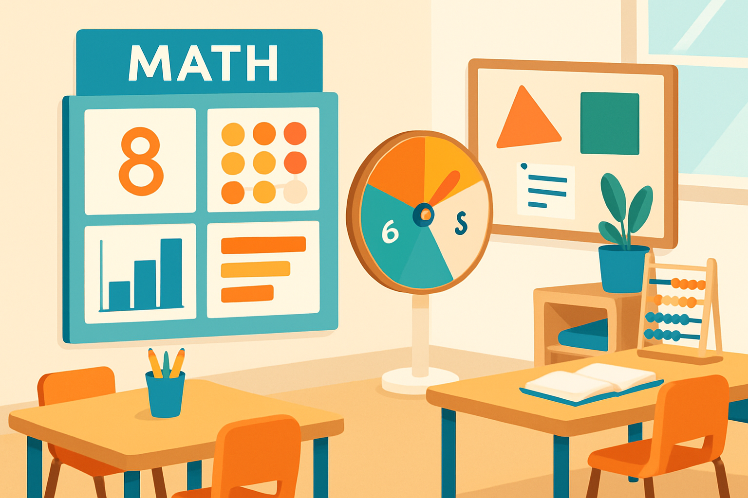A creative use of limited wall space showing a compact math focus wall with changing displays and interactive student areas.