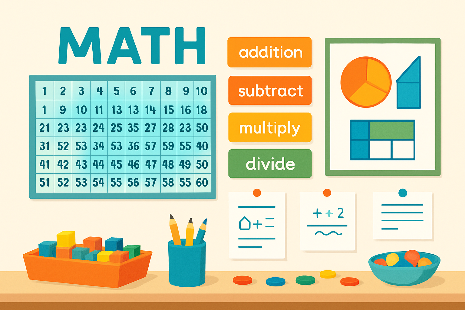 A brightly decorated math focus wall in an elementary classroom featuring vocabulary, objectives, visual aids, and student projects.