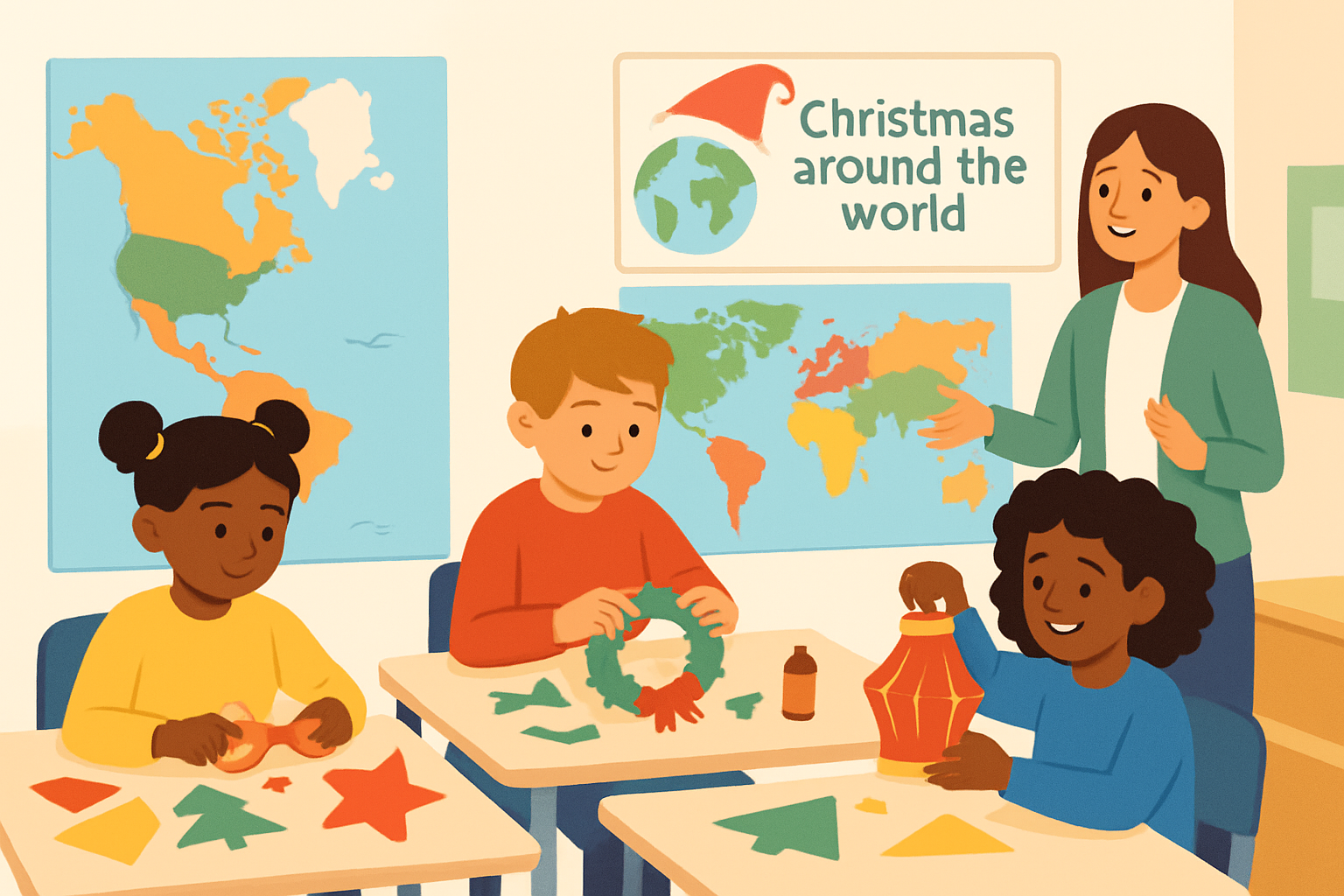 Elementary students engaging in a Christmas Around the World lesson with maps and crafts.