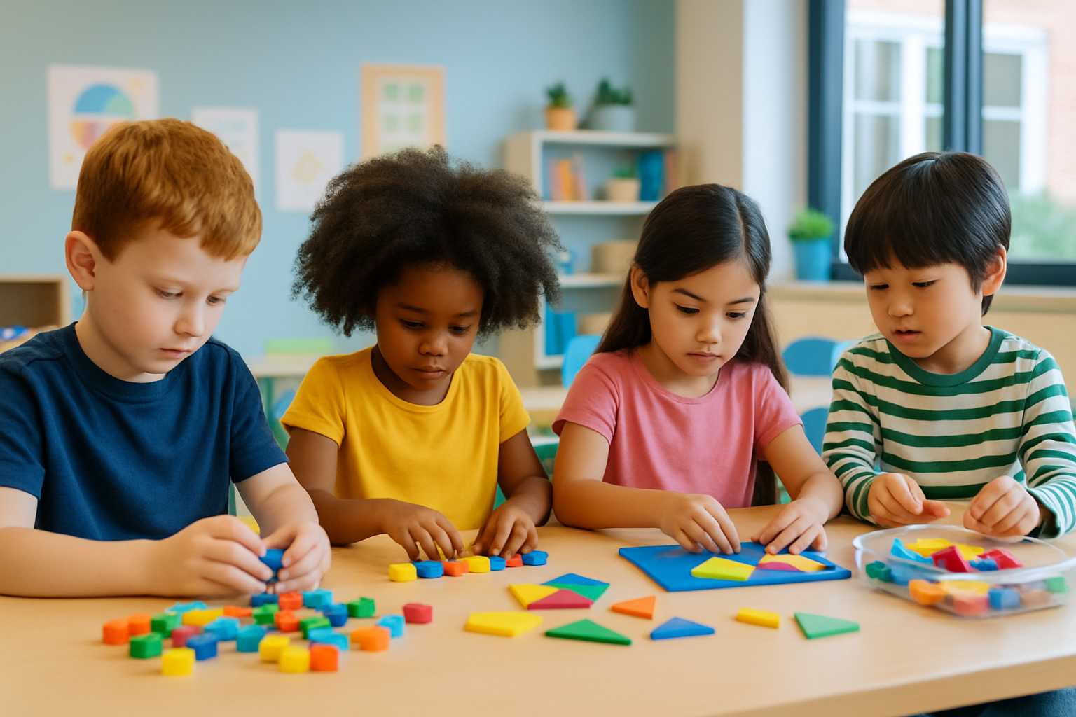 First graders actively learning math concepts using hands-on manipulatives and visual aids.