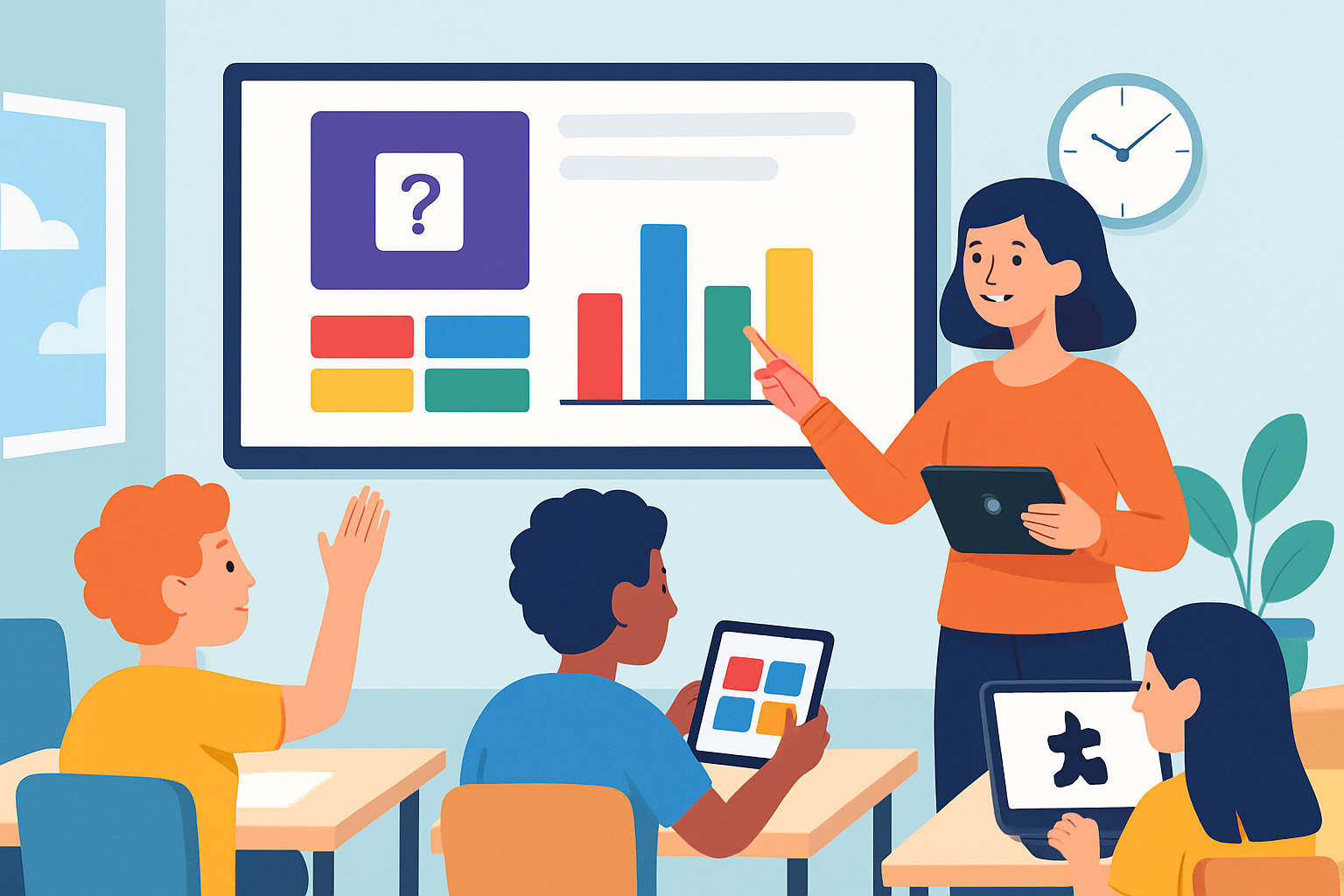 Classroom scene with students engaged in interactive lessons using Kahoot!, Nearpod, and Edpuzzle on various devices