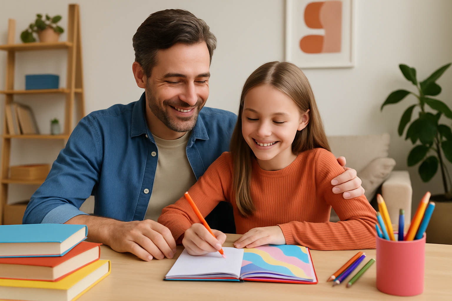 Parent and child collaborating on poetry notebook activities in a cozy, colorful home setting