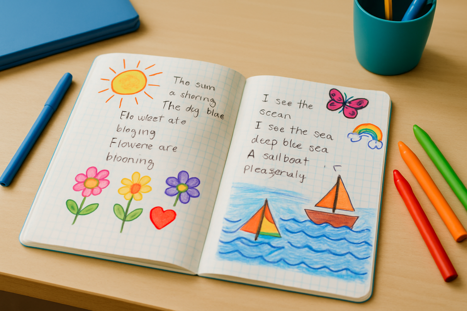 A brightly decorated poetry notebook open to pages featuring handwritten poems with accompanying artwork and stickers