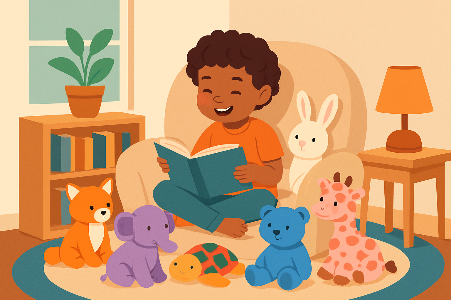 A child enjoying reading time with their favorite beanie babies in a comfortable, inviting space