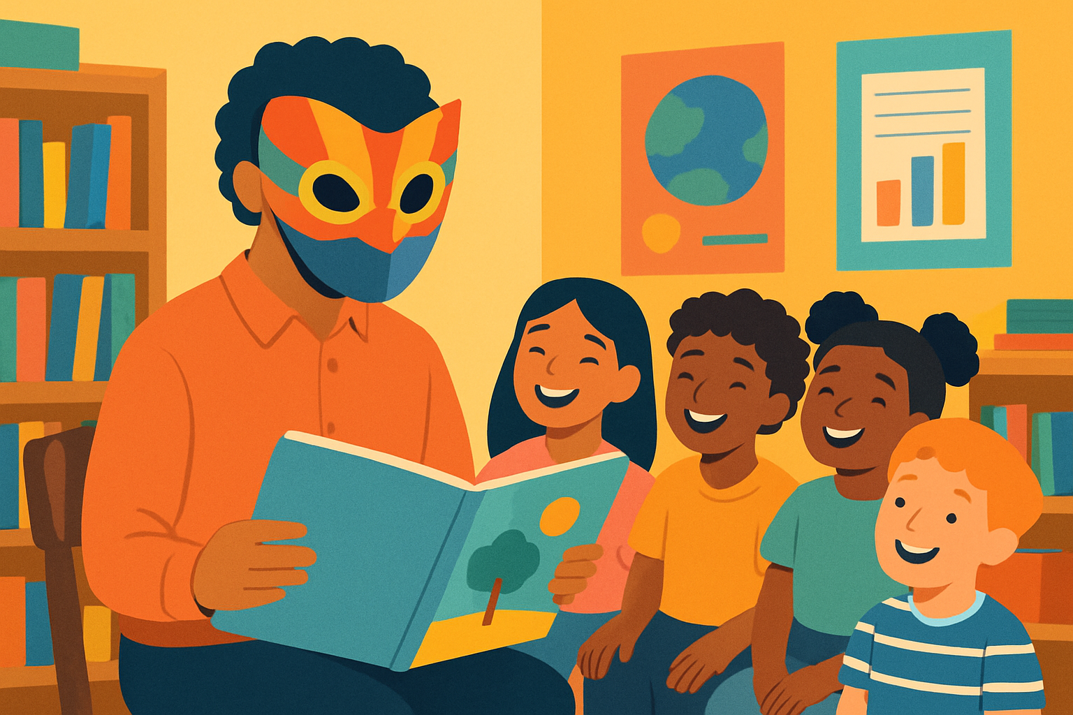 A mystery reader engaging a diverse group of students with an exciting read-aloud session.