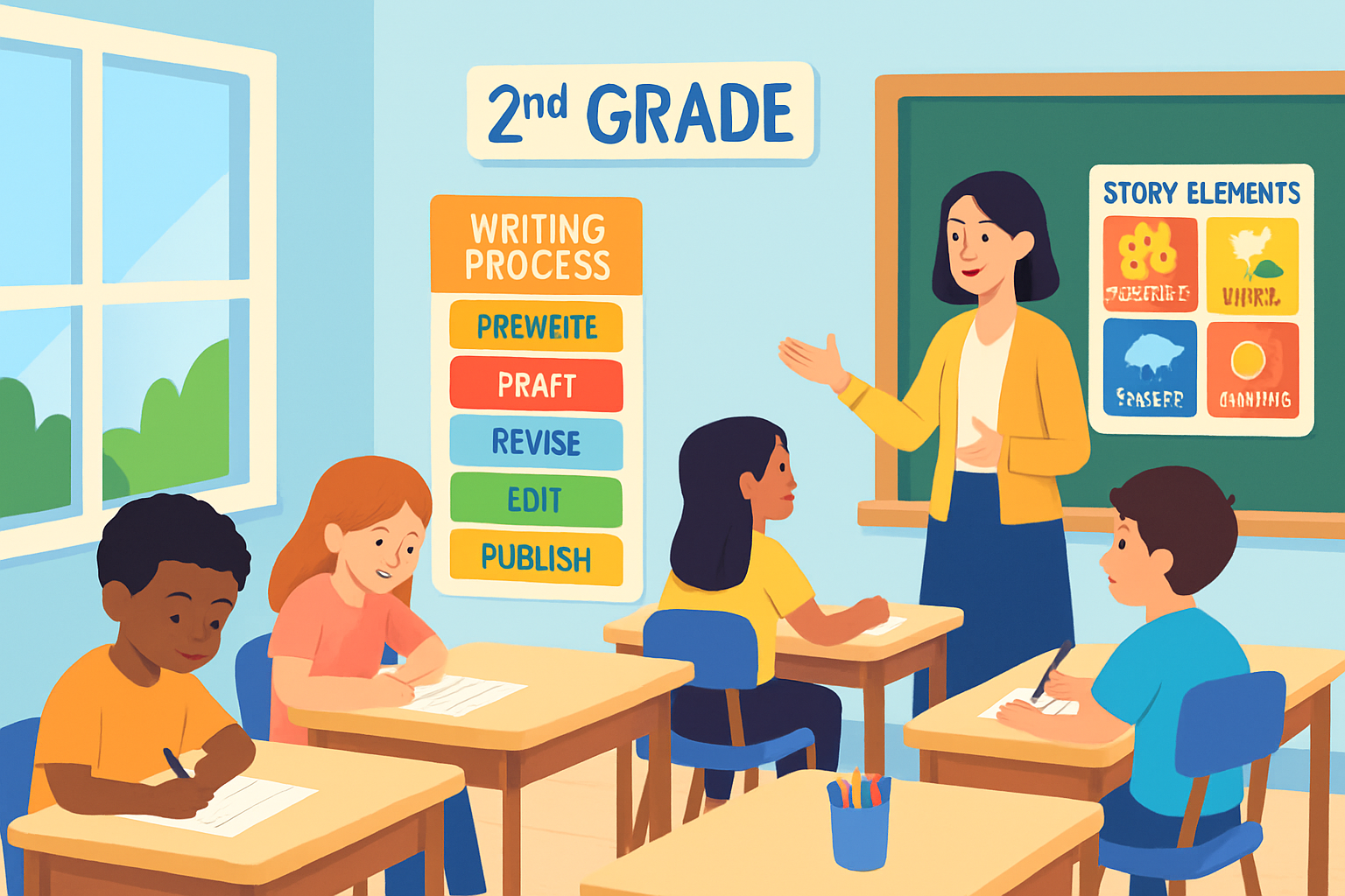 A welcoming writers workshop environment fostering creativity and learning in 2nd grade.