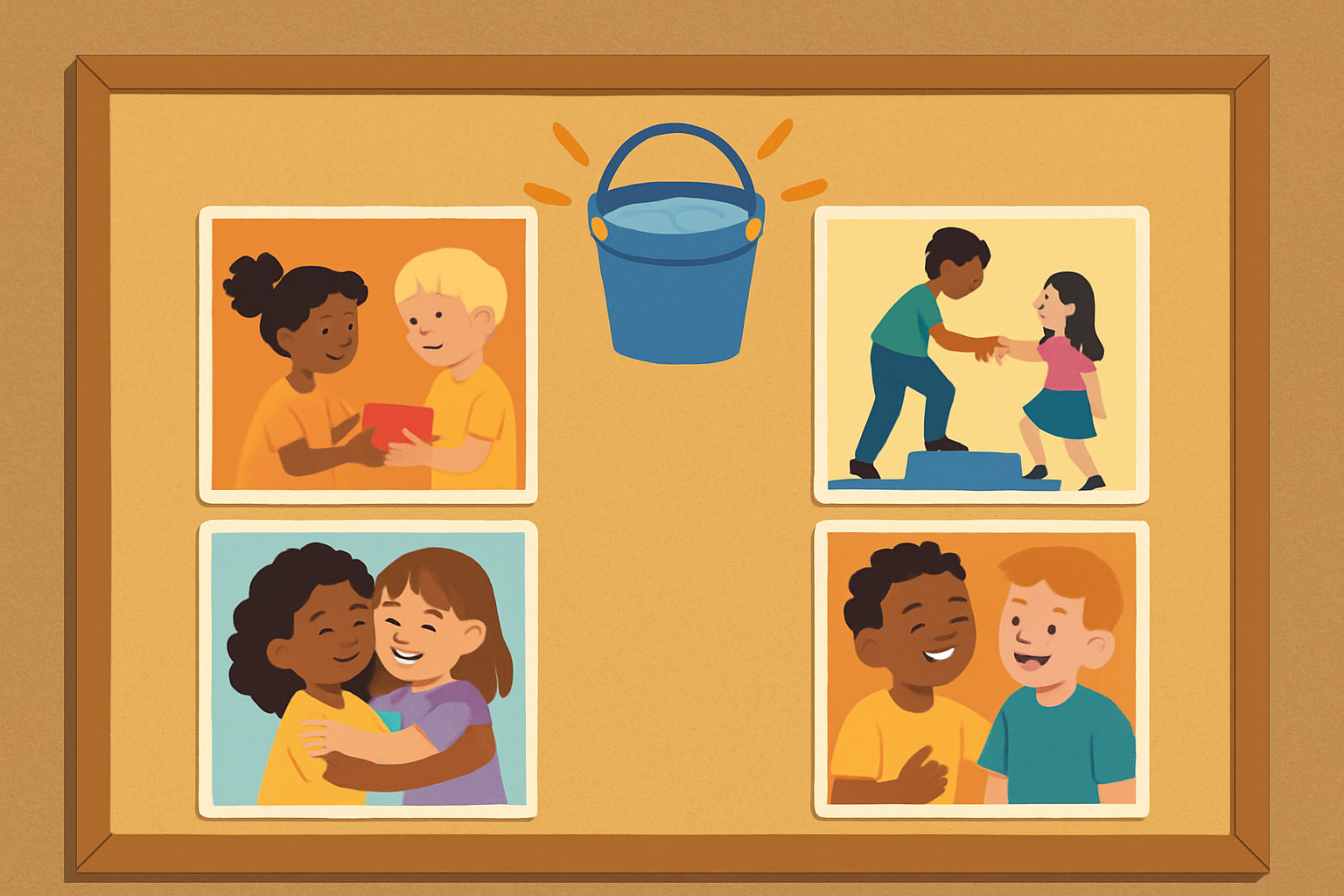 A classroom bulletin board decorated with bucket filler pictures illustrating various kind acts among children.