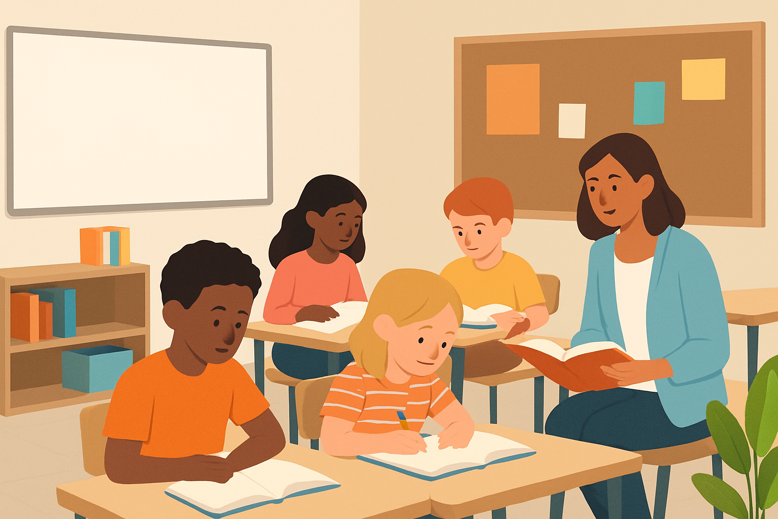 Students participating in different Daily 5 literacy activities while the teacher provides focused small-group instruction.