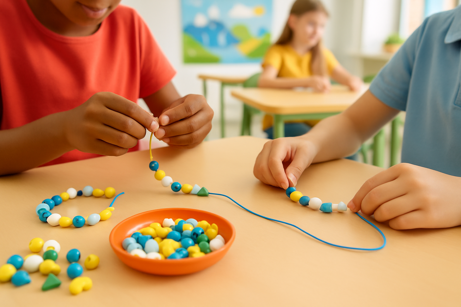 Elementary students actively creating water cycle bracelets using colorful beads representing different stages.