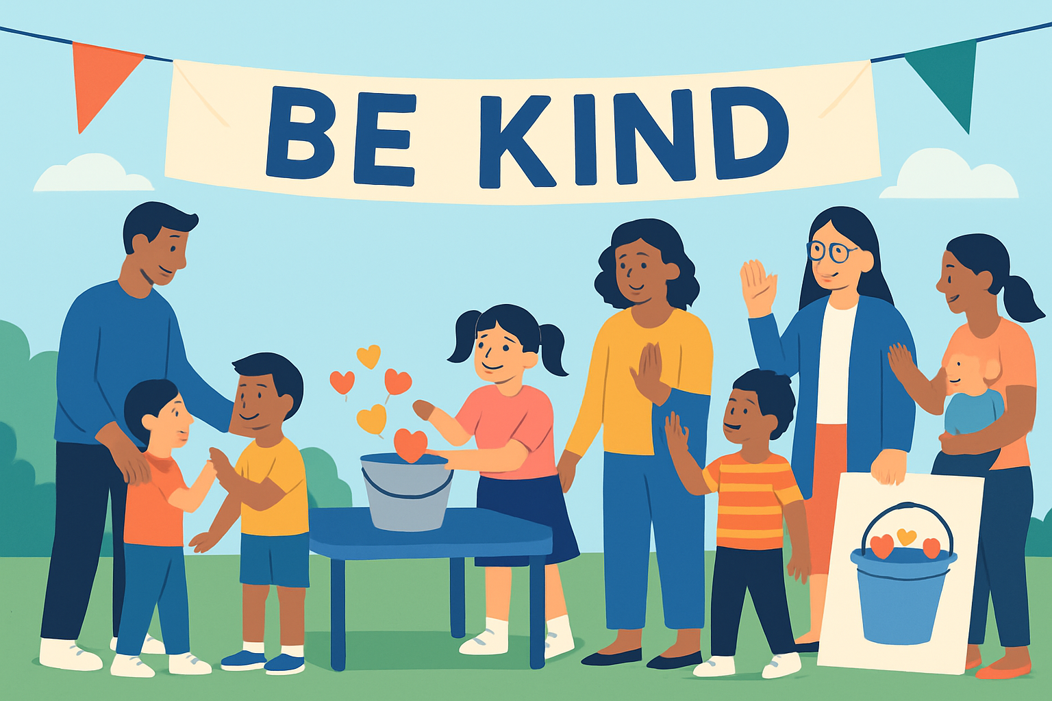 A lively community event showcasing collaboration among students, parents, and educators promoting kindness and bucket filling.