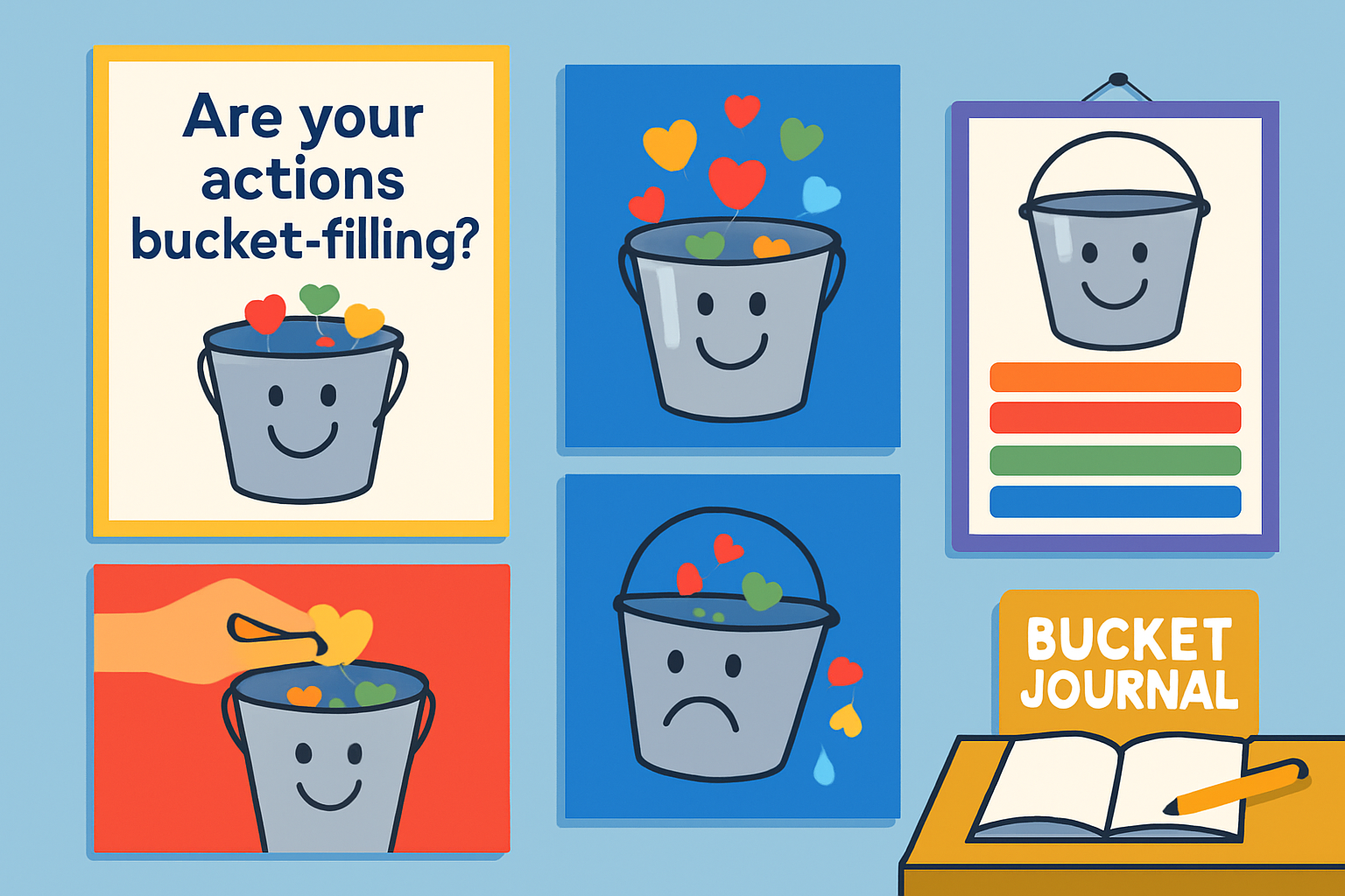 A vibrant classroom corner displaying bucket filling posters, charts, and journaling materials to support kindness education