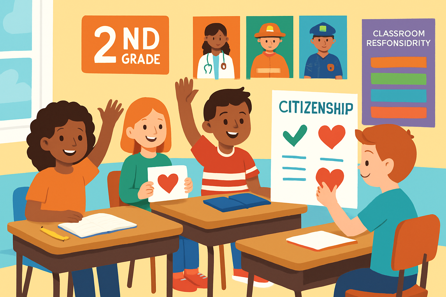 Second grade students engaged in an interactive citizenship activity within a vibrant classroom setting promoting community roles and responsibility.