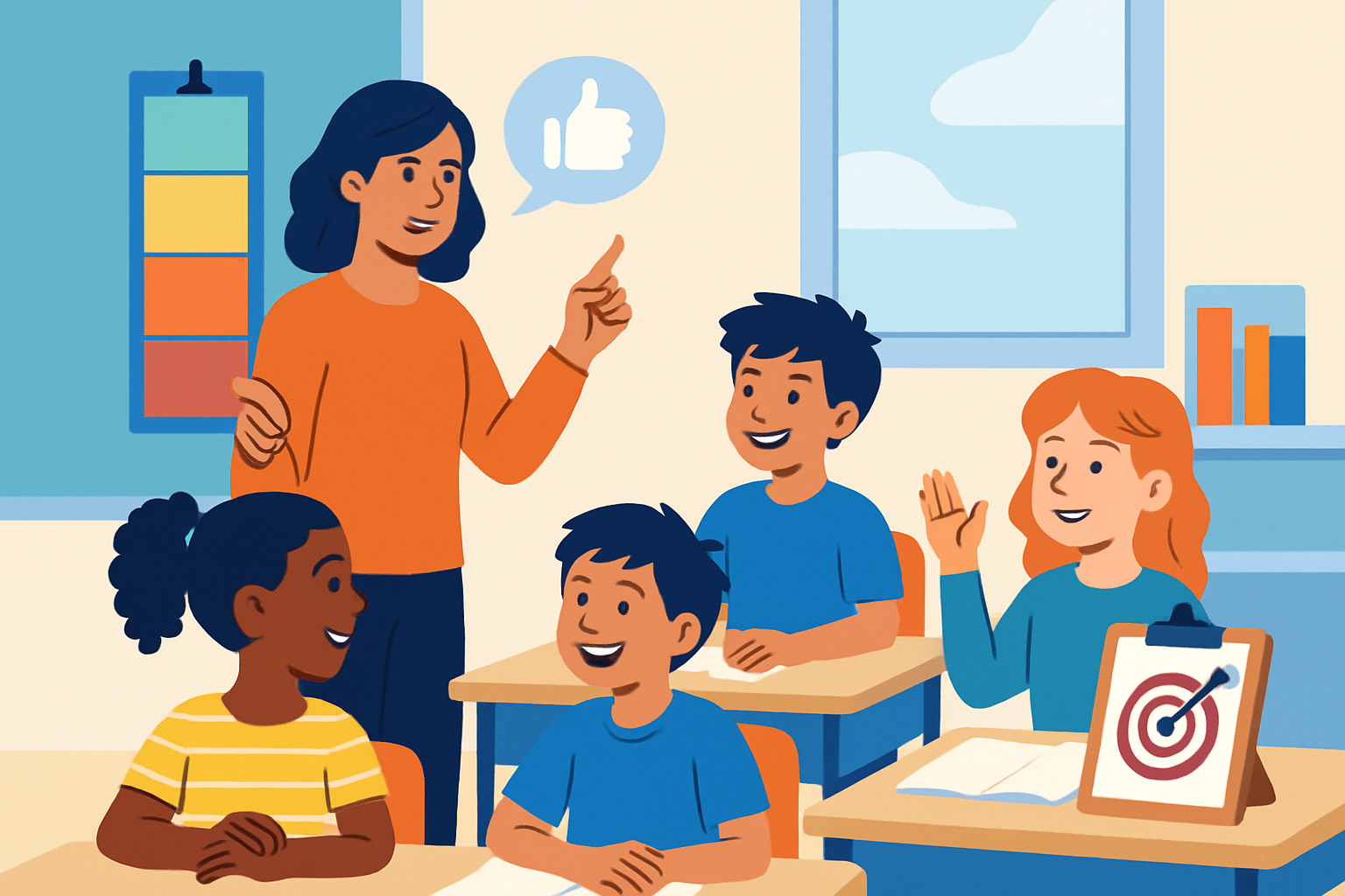 Teacher using behavior clip charts alongside verbal praise and goal setting in an inclusive classroom.