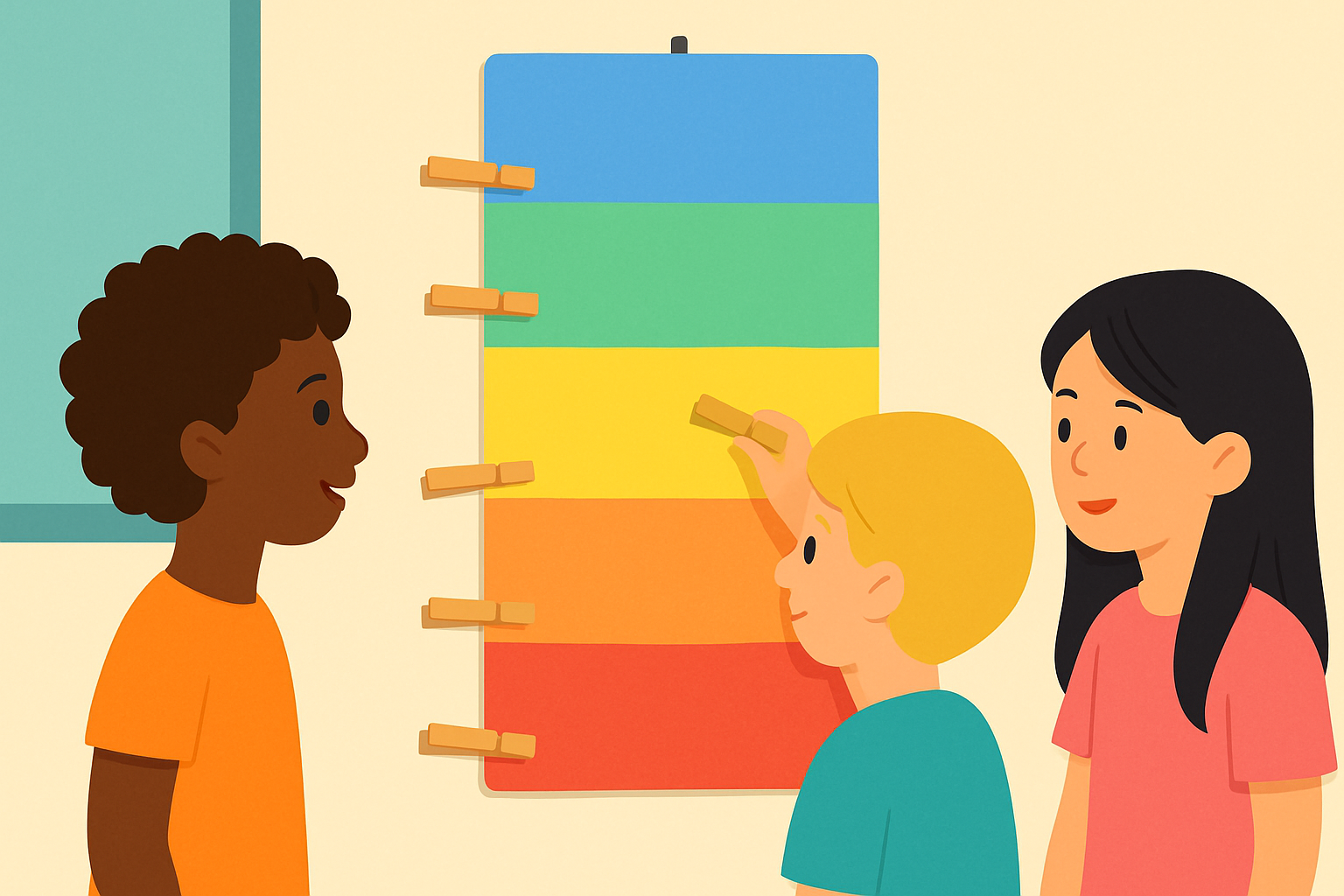 A typical behavior clip chart displayed in a classroom, showing colorful sections and student clips.